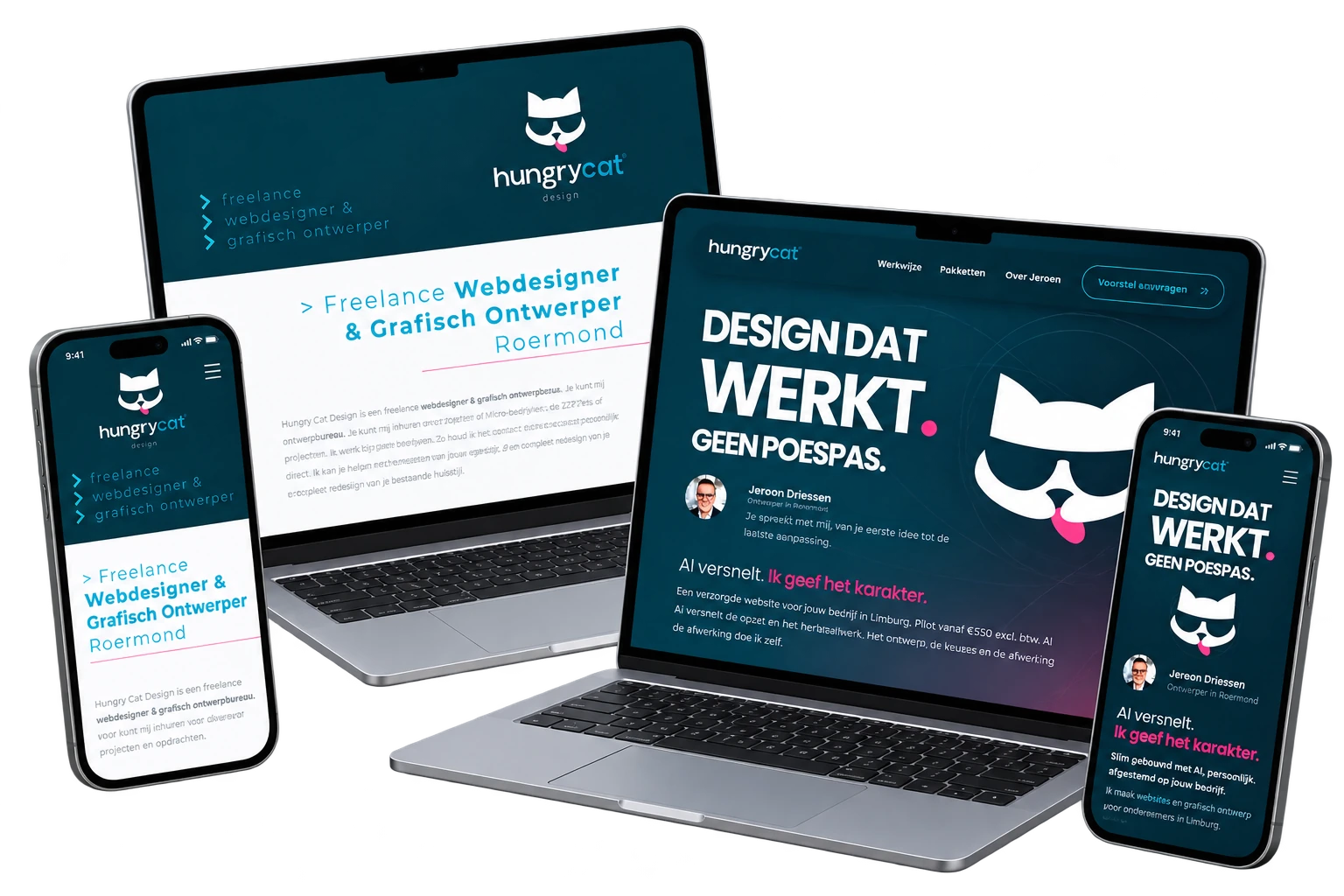 De oude en nieuwe Hungry Cat Design website naast elkaar op verschillende schermen